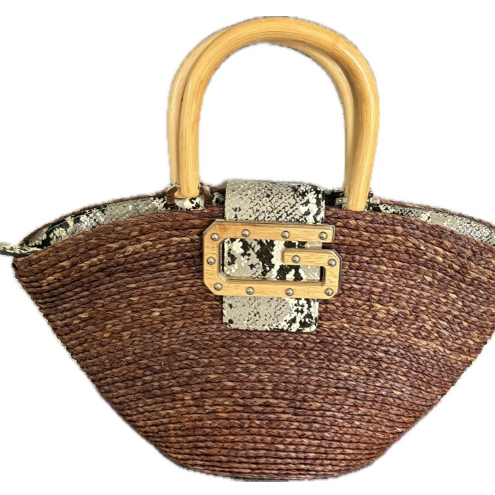 Guess Brown Straw Woven Handbag with Snake Print Accent /zip closure /snap lock